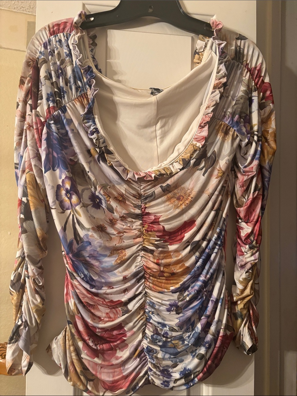 Express Multi-Color Floral Ruffled Ruched Long-Sleeve Top